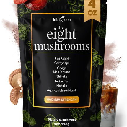 KIKI Green 8 Mushrooms Powder Extract - 4 oz Adaptogenic Complex for Coffee and Smoothies - Lion's Mane, Chaga, Reishi, Cordyceps, Maitake, Shiitake - Focus and Energy