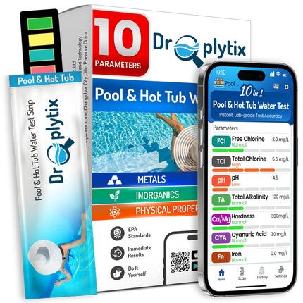 DROPLYTIX 10-in-1 Pool & Spa Water Test Kit with App, Hot Tub, Saltwater, Chlorine, Cyanuric Acid, Alkalinity, Hardness, pH, Nitrate, Sulfate, Digital Water Quality Testing Strips (DXPOOL-R10-S10)
