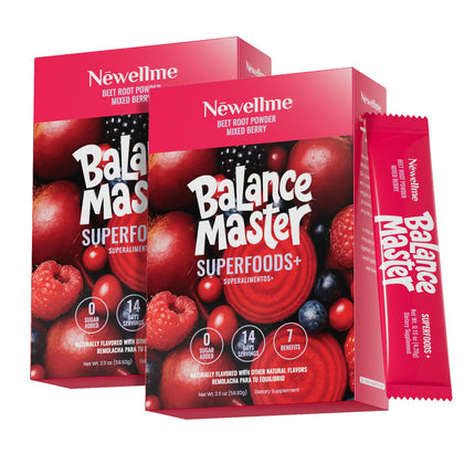 NEWELLME Balance Master Organic Raw Beet Root Powder - Super Reds Superfood for Heart & Energy, Smoothies, Baking & Juice, Natural Red Food Coloring, Mixed Berry, Sugar Free, Non-GMO, 28 Stick Packs