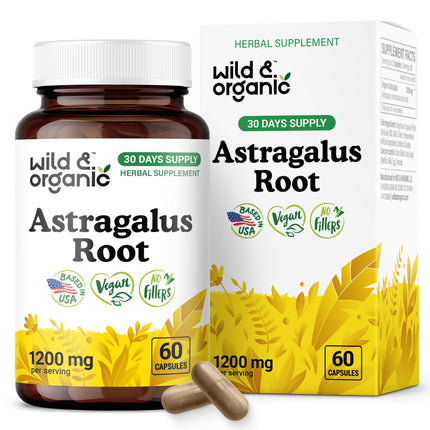 Wild & Organic Astragalus Root Capsules 1200 mg - Immune Support - Astragalus Powder Supplement - 30 Days of Supply - Vegan, No Fillers, Non-GMO - 60 Count