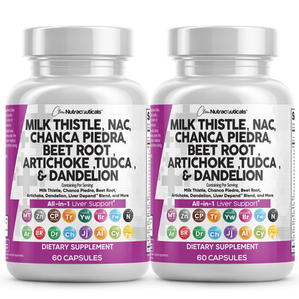Clean Nutraceuticals Milk Thistle NAC Chanca Piedra Beet Root Artichoke Astragalus Dandelion Root - Liver Cleanse Supplement Plus TUDCA Choline & Ginger - 2Pack