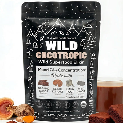 Wild Foods Organic Cocotropic Superfood Mushroom Hot Chocolate Mix, 8 oz | Non-GMO, Vegan, Gluten Free, Reishi Mushrooms, Chaga