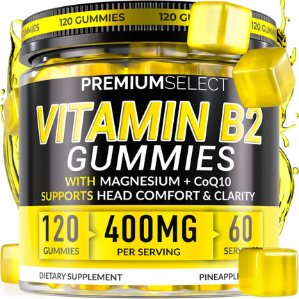 Vitamin B2 Gummies Riboflavin 400mg – 120 Gummies with Magnesium, CoQ10 & Vitamin B2 for Adults – Sugar Free B2 Vitamin 400mg for Energy, Head Comfort & Nervous System Support