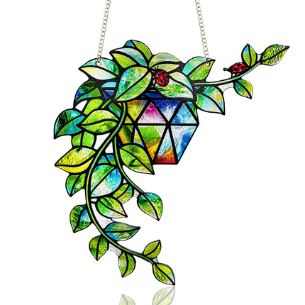 Plant Suncatcher Glass, Stained Glass Suncatcher Plant Window Hanging, Unique Nature Lover Gifts Leaf Idea