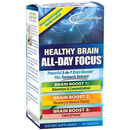 Applied Nutrition Healthy Brain All-Day Focus - 50 Tablets - Powerful 3-in-1 Brain Booster with Turmeric Extract - 25 Servings