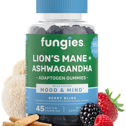 Fungies Lion's Mane KSM-66 Ashwagandha Gummies, Berry Flavor - Mushroom Supplement Adaptogen Gummy Supports Brain Health, Cognitive Function, Focus, Memory & Mood - Mind-Body Wellness, 45 Servings