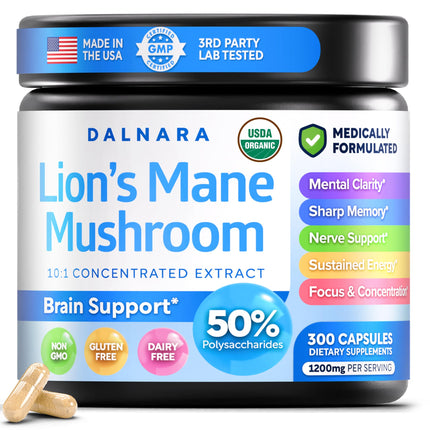 USDA Organic Lion’s Mane Mushroom Capsules 1200mg, 300 Count (150-Day Supply) - Natural Mushroom Supplement for Memory, Focus & Cognitive Support