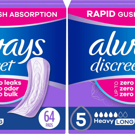 Always Discreet Adult Incontinence Pads for Women, Heavy Absorbency, Long Length, Postpartum Pads, 64 Count (Pack of 2)