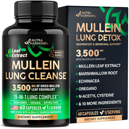 Mullein Lung Detox - Mullein Leaf Extract - Marshmallow Root | Echinacea | Oregano | Quercetin | NAC - 15-in-1 Lung Support & Cleanse for Smokers Supplement - Made in USA - As Drops - 60 Capsules
