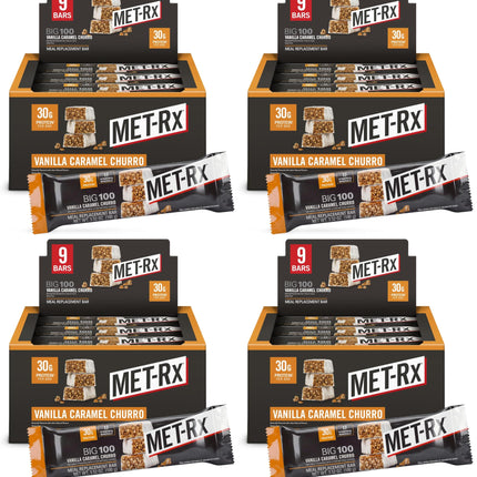 MET-Rx Big 100 Colossal Protein Bars,Vanilla Caramel Churro Meal Replacement Bars,Brown,9 Count (Pack of 4)