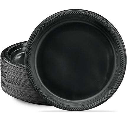 PLASTICPRO 200 PCS Black Plastic Plates Light Weight 10'' Inch Plastic Dinner Plates Black Plates Disposable for Party and Wedding