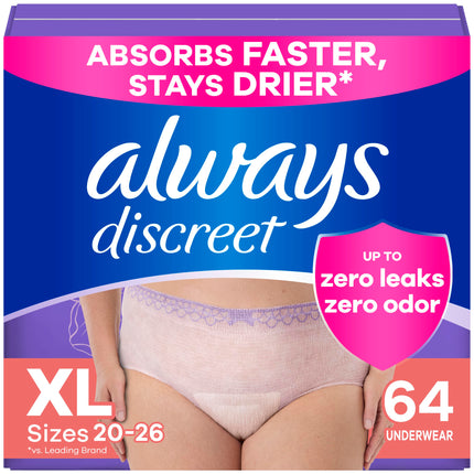 Always Discreet Adult Diapers for Women, Incontinence Underwear, Postpartum Essentials, Disposable Briefs, Max Absorbency, Bladder Leak Protection, Extra Large/XL, 64ct