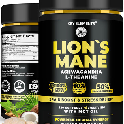 KEY ELEMENTS Organic Lions Mane Supplement Capsules with MCT Oil for Brain Support & Relaxed Focus - Lion's Mane Extract with Ashwagandha and L-Theanine - Lions Mane Mushroom Softgels