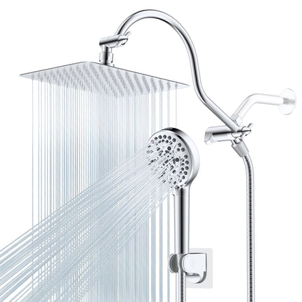 Hibbent All Metal CUPC Certified Shower Head, 10'' High Pressure Rainfall Shower Head, Handheld Showerhead Combo, 12'' Adjustable Extension Arm, 10 Sprays, 71'' Shower Hose, Showerhead Holder, Chrome