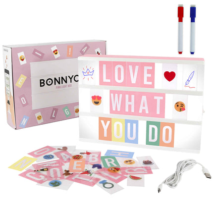 BONNYCO Pink Cinema Light Box with 400 Letters, Emojis, 2 Markers, USB