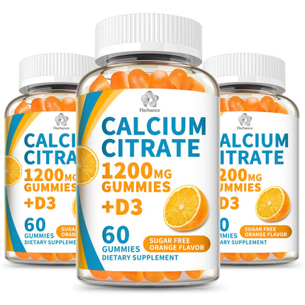 (3 Pack) Calcium Citrate 1200 mg Gummies with Vitamin D3, High Absorption Calcium Supplements for Women & Men, Sugar Free, Non-GMO, Gluten Free, Supports Muscle & Immune - Orange Flavor