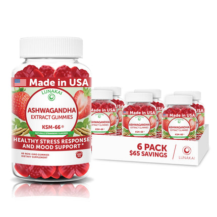 Lunakai USA Made KSM-66 Ashwagandha Gummies for Women & Men – Daily Vegan Supplement for Stress, Mood & Sleep Support – 6 Pack