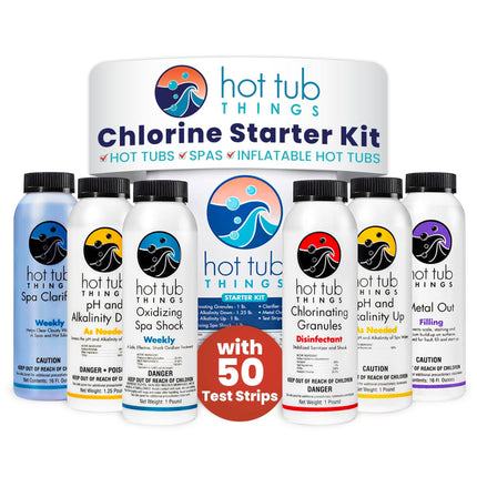 Hot Tub Things - Chlorine Starter Kit - Hot Tub Chemicals Kit for Spa & Jacuzzi Maintenance, Pool Shock, Chlorine Granules, Test Strips, Alkalinity Up & Down, Clarifier, Metal Out, Oxidizer - 1 lb