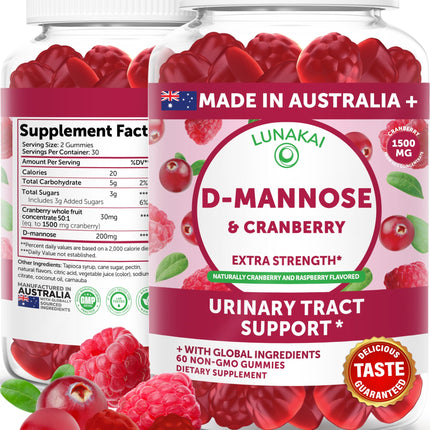 Lunakai Cranberry Gummies for Women 1500mg (50:1 Extract) with D-Mannose 200mg - Daily Cranberry Supplement for Urinary Tract Health & Bladder Support, Non-GMO – Made in Australia – 60ct