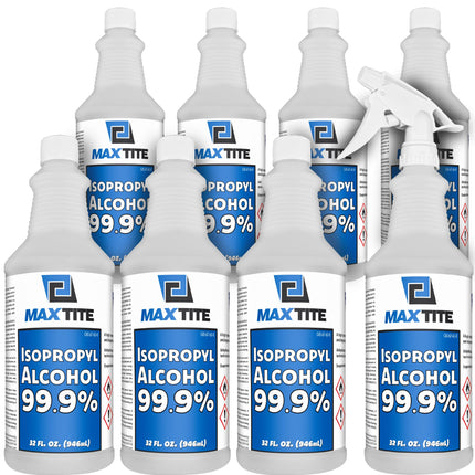 MaxTite 99.9% Isopropyl Alcohol (2 Gallons (8 Pack, 32 fl oz) - Includes Heavy-Duty Spray Nozzle - Made in USA