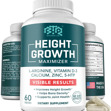 BIOTEQUELAB Height Growth Maximizer, Calcium, Vitamin D3 and Zinc Blend Pills, Bone Growth Supplement for Kids and Teens, Bone Strength, Density Support, GMO-Free, Gluten-Free, Made in USA, 60 Caps