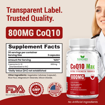 Sundhed Natural CoQ10 Powerful Antioxidant Supplement - Extra Strong Formula 800mg, 60 Capsules, 1-Month Supply with Coenzyme Q10 Vitamins and Supplements
