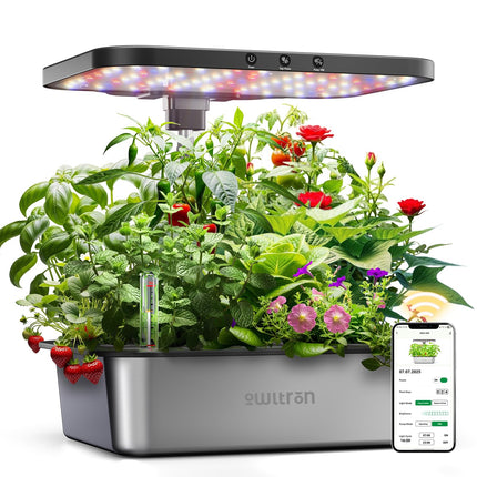 owltron Smart Hydroponics Growing System Kit,15 Pods Indoor Herb Garden with 36W LED Grow Light & APP Control, Planting Height Up to 30", Quiet Water Pump, Ideal Gift for All Ages Dark Silver