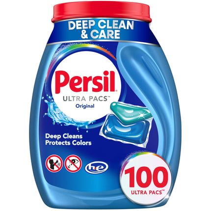 Persil Ultra Pacs Original Everyday Clean Laundry Detergent, 100 Count, No Mess, Single-Dose Laundry Soap, Deep Clean Fabric Care for Colors & Whites, All Water Temperatures, HE Safe