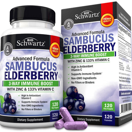 BioSchwartz Elderberry Capsules with Zinc and Vitamin C for Adults - Immune Support Vitamins for Women and Men - Black Sambucus Elderberry Vitamin C and Zinc - Multiminerals Supplement, 120 Count