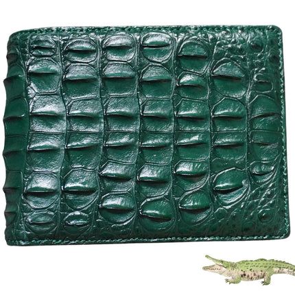 Genuine Crocodile Alligator Leather Skin Men Bifold Wallet With ID Sleave (Green-Mid Horn)