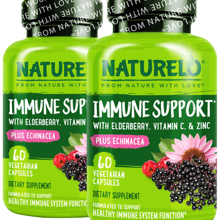 NATURELO Immune Support – Vitamin C, Elderberry, Zinc, Echinacea – Natural Immunity Boost w/Antioxidant, Herbal & Mineral Defense - 60 Vegan Capsules (Pack of 2)