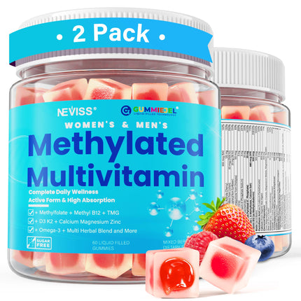Methylated Multivitamin for Women & Men Gummies w/ Omega-3, Calcium, D3 K2, Methylfolate & B12, TMG, Daily Vitamin A, C, E, B Complex, Magnesium, CoQ10, Probiotic for Overall Health- Vegan, 2 Pack