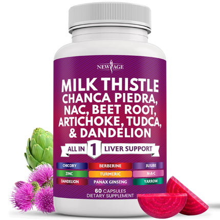 NEW AGE Milk Thistle NAC Chanca Piedra Beet Root Artichoke Dandelion Root Astragalus - Plus TUDCA & Ginger - 60 Count