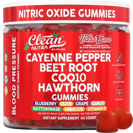 Clean Nutra Cayenne Pepper Beet Root Gummies Beetroot Garlic CoQ10 Hawthorn Berry Grape Seed Extract Olive Leaf Nattokinase Hibiscus Vitamin D Nitric Oxide - VasoEase