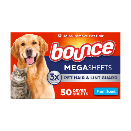 Bounce Dryer Sheets, Pet Hair and Lint Guard | Fresh Scent | Mega Size | 50 Count, Pack of 6
