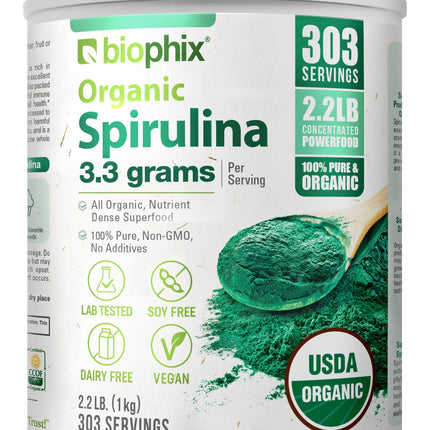 biophix Organic Spirulina Powder, 2.2 Lbs 100% Pure Spirulina Blue Green Algae Powder, Vegan, Non GMO, Non-Irradiated, USDA Certified, Best Protein Superfood