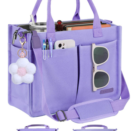FIORETTO Women's Canvas Tote Bag with Zipper Top, Individual Compartments, Reinforced Bottom, Trolley Sleeve & Adjustable Strap, Doubles as a Crossbody Purse for Work, Travel, Bible, Purple L