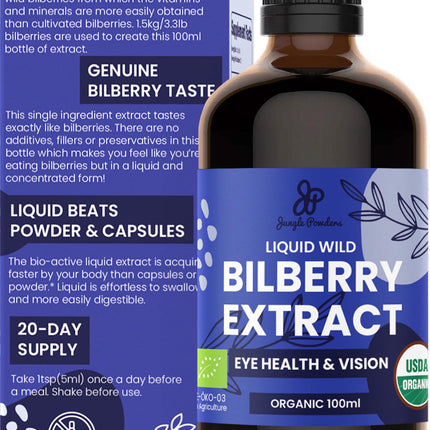 Jungle Powders Wild Bilberry Extract for Eyes USDA Organic 3.4oz Bottle of Liquid Bilberry Anthocyanin Alcohol-Free European Blueberry Bilberry Supplement for Eyes High Bioavailability Liquid Extract