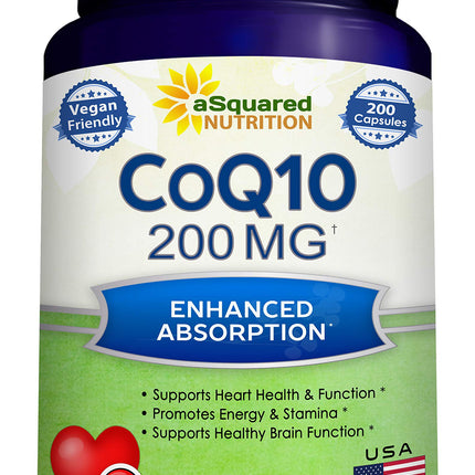 aSquared Nutrition CoQ10 (200 Capsules and 200mg) - High Absorption Vegan CO Q-10 Powder - Enzyme Ubiquinone Supplement Pills, Extra Antioxidant Coenzyme Q10 Vitamin, Coq 10 Alernative to Softgels