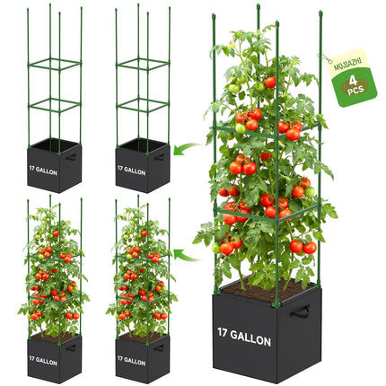 MQJIAZHI 4 Pack Square Tomato Trellis Cages 55 Inch Height, with 17 Gallon Square Grow Bags (12×12in), Heavy Duty Tomato Plant Support Stakes for Outdoor Garden Climbing Vegetables Fruits Flowers