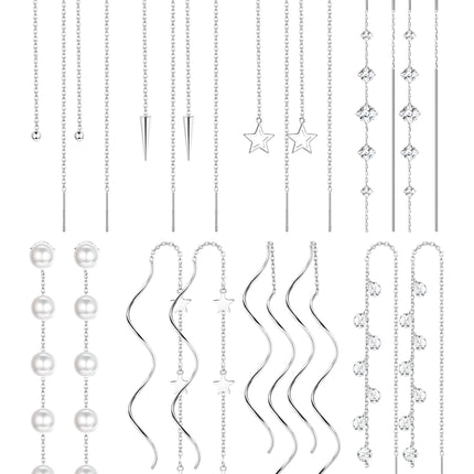 HAIAISO 8 Pairs Threader Dangle Earrings for Women 316L Stainless Steel Chain Tassel Earrings Lightweight Double Twist Wave Threader Drop Earrings Long Chain Earrings Set