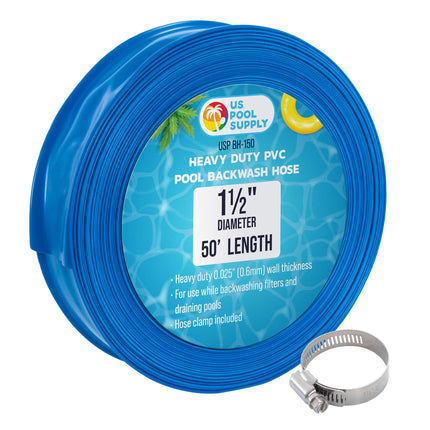 U.S. Pool Supply Pool Backwash Hose 1.5" x 50' - Heavy-Duty Pool Drain Hose, Filter Pump Water Drainage, Sump Pump Discharge, Inground Draining - Flexible Lay Flat, Clamp
