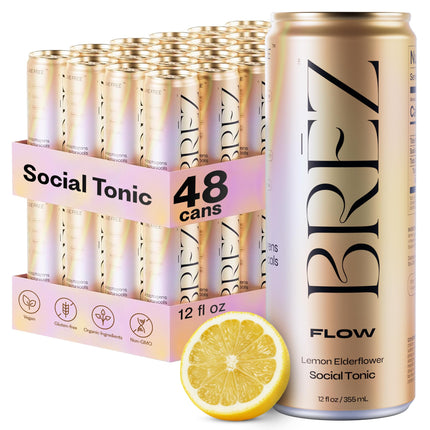 BRĒZ FLOW Alcohol Alternative Drink – Non Alcoholic Sparkling Drink with Lion’s Mane Mushroom, Lemon Elderflower, Adaptogen Beverage for Mood & Focus, Alcohol Alternatives with a Buzz, 48 Pk 12 Fl Oz