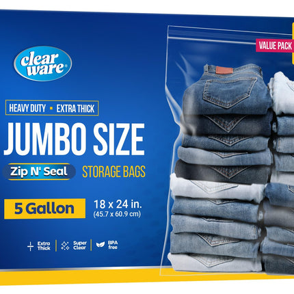 Clearware 50 Large Storage Bags With Zipper Top - 5 Gallon Bags 18" x 24", Extra Plastic for Clothes, Travel, Moving, Reusable freezer bags, BPA-Free, 2-mil Thick
