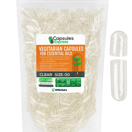 XPRS Nutra Size 00 Empty Vegan Capsules - 1000 Count Clear Veggie Capsules for Most Essential Oils - Empty Vegetable Pills - DIY Oil Filling