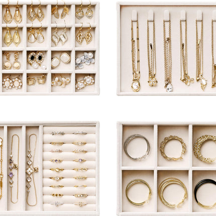 Velvet Jewelry Drawer Organizer Trays – 4-Layer Stackable Jewelry Storage Inserts Set, Beige Jewelry Tray Set for Earrings, Rings, Necklaces, Bracelets with Removable Dividers for Dresser & Vanity