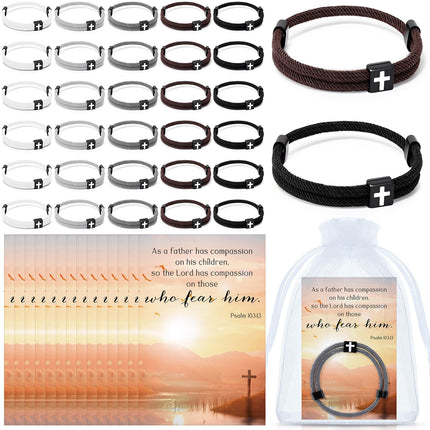 Tondiamo 20 Set Fathers Day Bracelet Gift for Church Cross Christian Adjustable Jesus Wristband Religious Blessed Dad Bible Verse Scripture Cards Organza Bag Basket Stuffers for Dad (Braided Style)