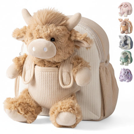 Moonkie Hug & Go Highland Cow Toddler Backpack – Soft Plush Bag with Take-Along Toy for Boys Aged 2–4 | Ideal for Daycare | Travel & Birthday Gifts for 3-Year-Old Kids