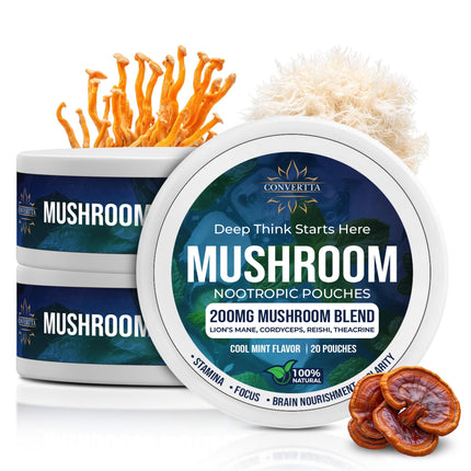 CONVERTTA Mushroom Nootropic Pouches - 200mg Nicotine-Free, Caffeine-Free Organic Mushroom Energy Ultra Pouches with Lion's Mane, Reishi, Cordyceps for Focus & Clean Energy - (6, Cool Mint)