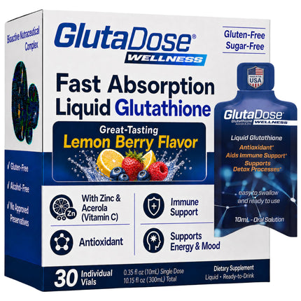 Liquid Glutathione Supplement, Lemon Berry Flavored Acerola Energy Booster w/Zinc, Daily Vitamins & Minerals, Zero Sugar Formulation, Everyday Auto-Immune Support for Adults, 0.34 fl oz, Pack of 30